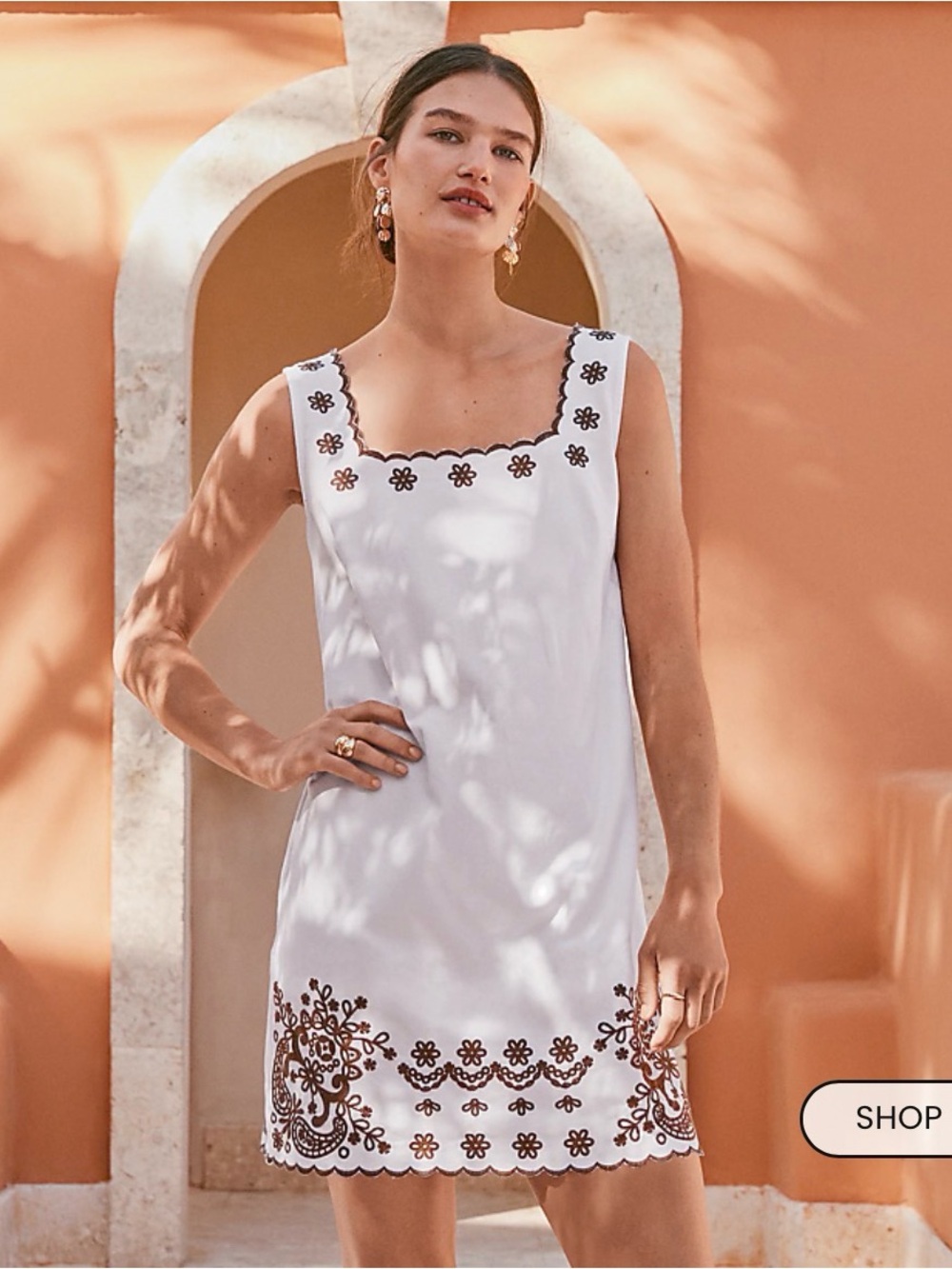 LOFT Petite Scalloped Floral Eyelet Mini Dress – White & Brown – NWOT – Size 00P